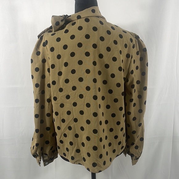 Polka dot blouse,long sleeve, with side neck bow tie closure, black,tan, large - Picture 4 of 8